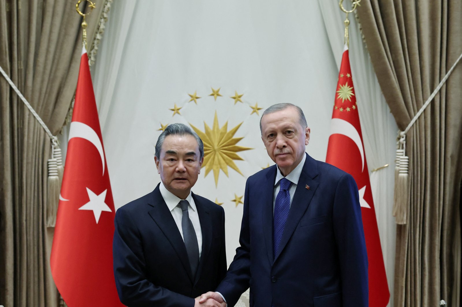 President Recep Tayyip Erdoğan meets with Chinese Foreign Minister Wang Yi at the Presidential Palace in Ankara, Türkiye, July 26, 2023. (Reuters Photo)