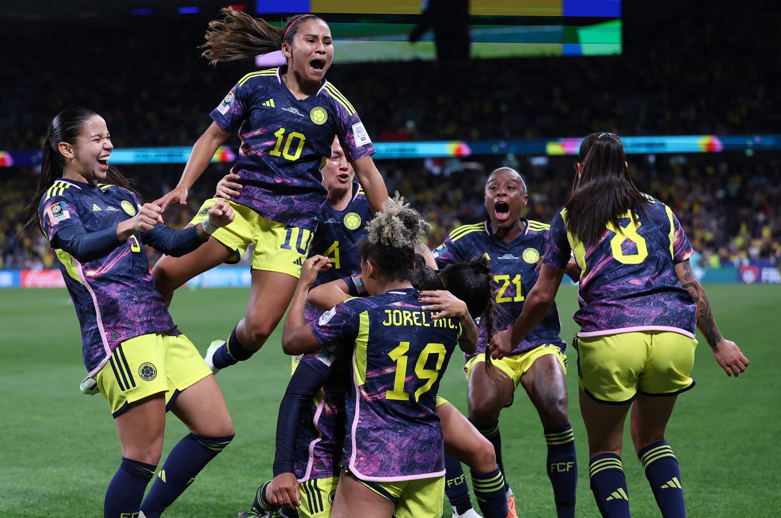 Colombia players celebrate the winning goal against Germany in the 2023 Women&#039;s World Cup, Sydney, Australia, July 30, 2023. (AFP Photo)