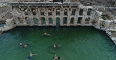 Aerial view of swimmers in the centuries-old Basilica Therma in Yozgat, central Türkiye, Feb. 14, 2018. (AA Photo)