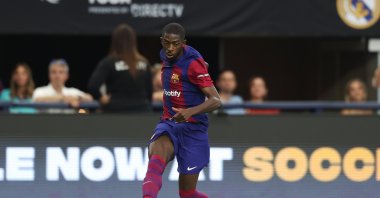 Barcelona's Ousmane Dembele kicks the ball during the preseason friendly match between FC Barcelona and Real Madrid at AT&amp;T Stadium, Dallas, Texas, US., July 29, 2023. (Getty Images Photo)