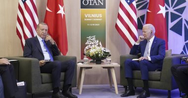 President Recep Tayyip Erdoğan (L) and U.S. President Joe Biden meet on the sidelines of the NATO summit in Vilnius, Lithuania, July 11, 2023. (AP Photo)