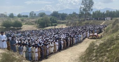 People attend the funeral of the victims of a bomb explosion in Bajaur, Pakistan, July 31, 2023. (EPA Photo)