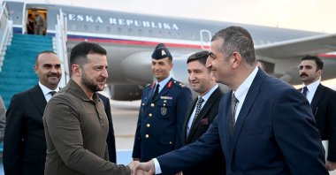 Baykar General Manager Haluk Bayraktar (R) meets Ukrainian President Volodymyr Zelenskyy at Istanbul Atatürk Airport, Istanbul, Türkiye, July 7, 2023. (AA Photo)