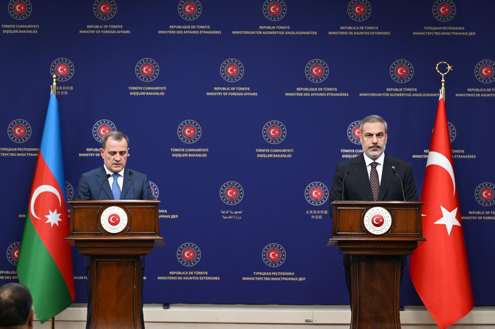 Hakan Fidan (R) attends a news conference with visiting Azerbaijani Foreign Minister Jeyhun Bayramov, in the capital Ankara, Türkiye, July 31, 2023. (AA Photo)