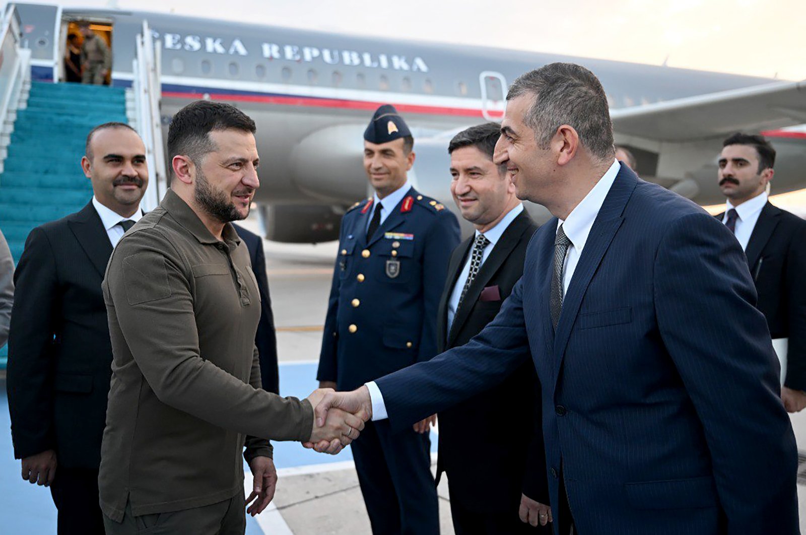 Baykar General Manager Haluk Bayraktar (R) meets Ukrainian President Volodymyr Zelenskyy at Istanbul Atatürk Airport, Istanbul, Türkiye, July 7, 2023. (AA Photo)