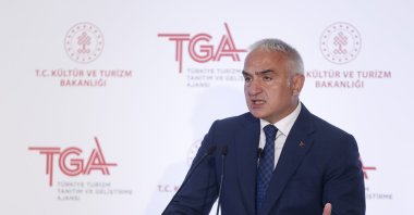 Minister of Culture and Tourism, Mehmet Nuri Ersoy, held a speech at the Atatürk Cultural Center (AKM), gathering with press members to evaluate the statistics of the first six months of 2023 in tourism, Istanbul, Türkiye, July 31, 2023. (AA Photo)