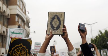 Yemenis participate in a protest denouncing the burning of Islam’s holy book, the Quran, in Sweden and Denmark, in Sanaa, Yemen, July 24, 2023.(Getty Images Photo)