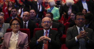 The opposition Good Party (IP) chair Meral Akşener (L), Republican People's Party (CHP) chair Kemal Kılıçdaroğlu (C) and Istanbul's mayor Ekrem Imamoğlu attend a campaign event in Istanbul, Türkiye, May 26, 2023. (AP Photo)