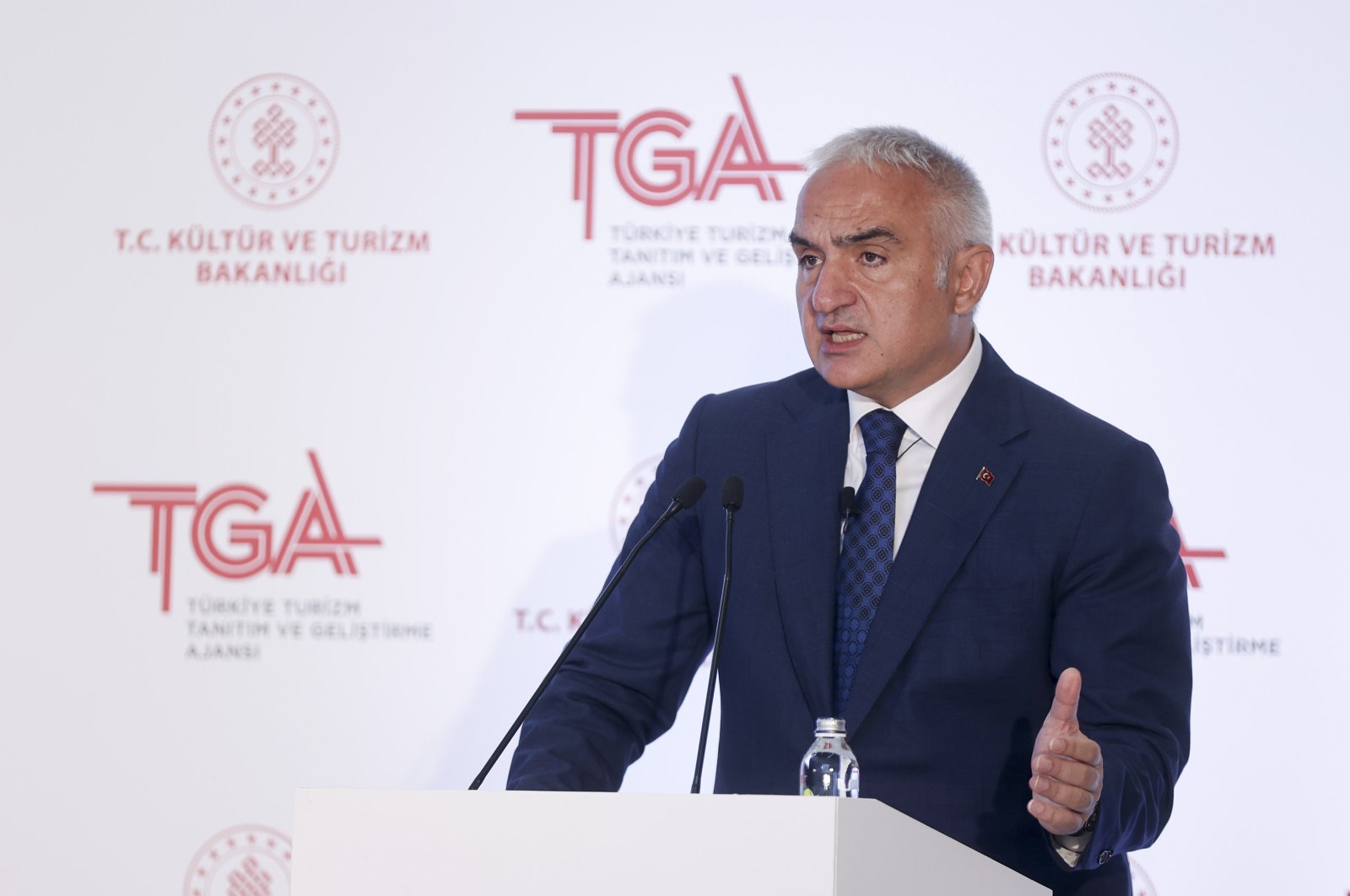 Minister of Culture and Tourism, Mehmet Nuri Ersoy, held a speech at the Atatürk Cultural Center (AKM), gathering with press members to evaluate the statistics of the first six months of 2023 in tourism, Istanbul, Türkiye, July 31, 2023. (AA Photo)