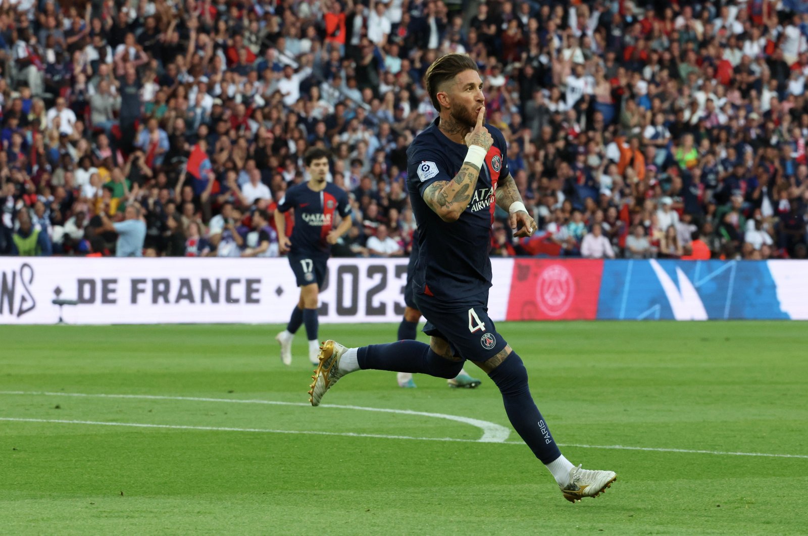 Ex-PSG&#039;s Sergio Ramos celebrates his first goal during the Ligue 1 match against Clermont Foot at Parc des Princes, Paris, France, June 3, 2023. (Getty Images Photo)