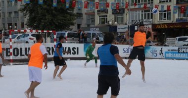 Players in action during the 2nd International Çankırı Salt Festival's Salt Football Tournament, Çankırı, Türkiye, Aug. 1, 2023. (AA Photo)