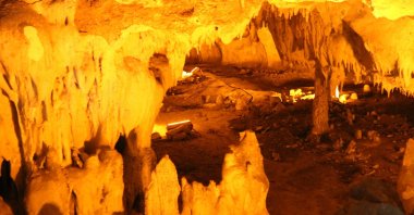The stalagmites are photographed in Tutulmuş Cave, recently reopened for visitors, Ankara, Türkiye, Aug. 1, 2023. (AA Photo) 