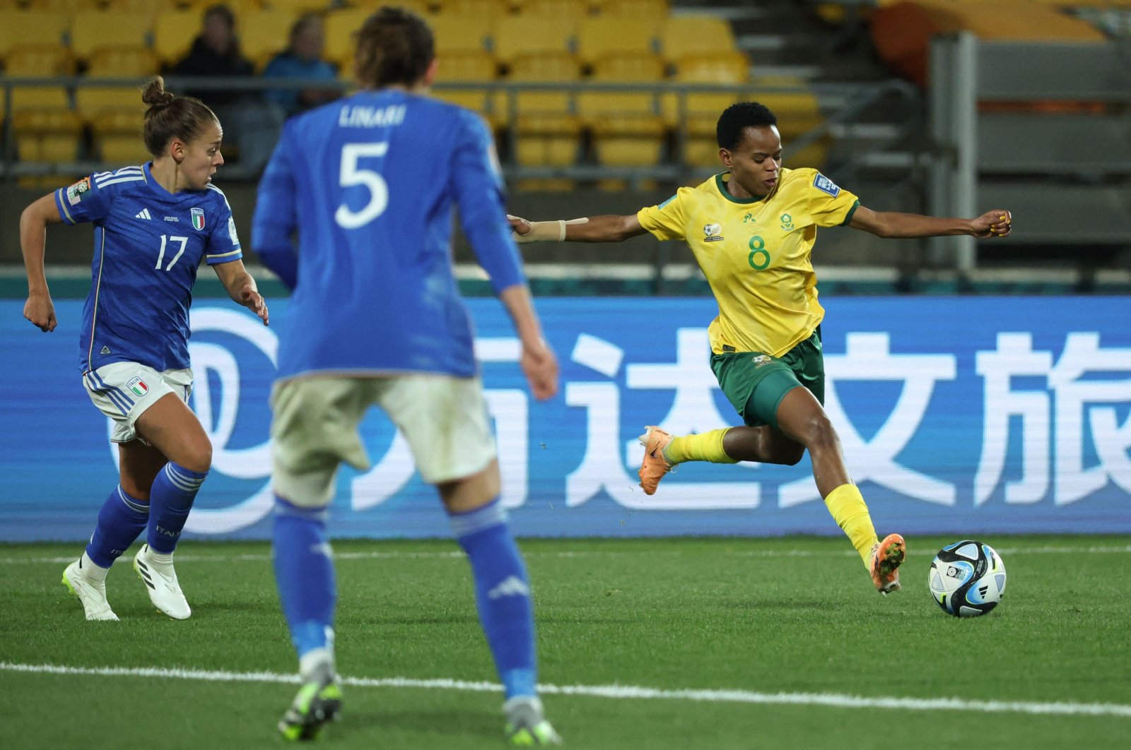 South Africa&#039;s Hildah Magaia (R) shoots during the Australia and New Zealand 2023 Women&#039;s World Cup Group G football match against Italy at Wellington Stadium, Wellington, New Zealand, Aug. 2, 2023. (AFP Photo)