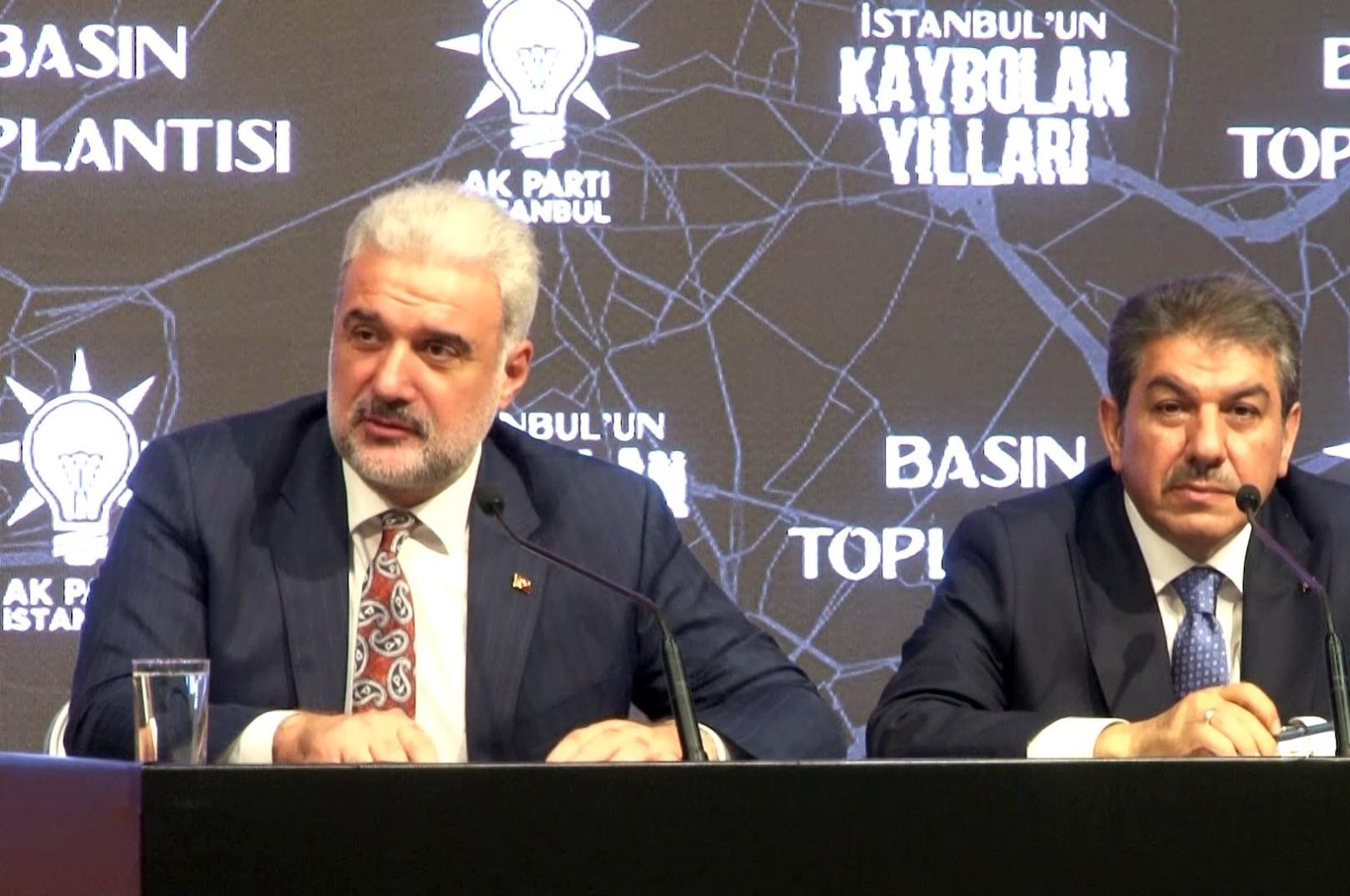 Osman Nuri Kabaktepe (L) and Tevfik Göksu speak at the news conference, in Istanbul, Türkiye, Aug. 2, 2023. (İHA Photo)