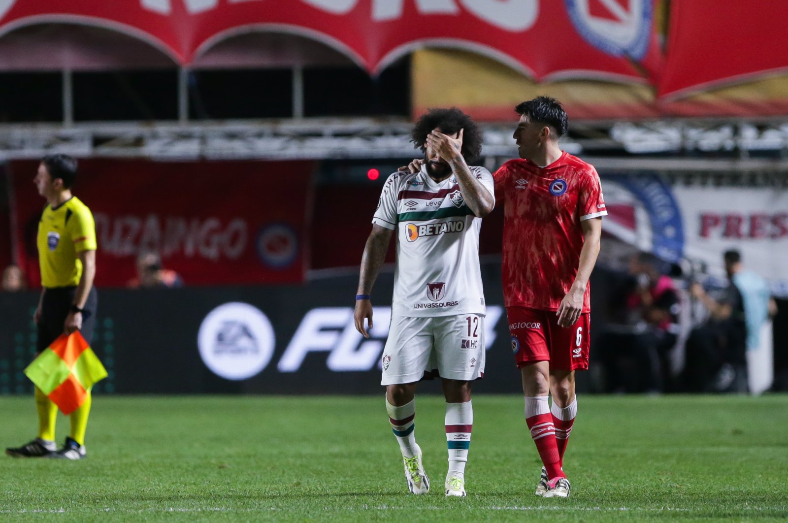 Fluminense&#039;s Marcelo (L) cries after the injury of Luciano Sanchez of Argentinos Juniors (not in frame) during the Copa CONMEBOL Libertadores round of 16 match between Argentinos Juniors and Fluminense at Diego Maradona Stadium, Buenos Aires, Aug. 1, 2023. (Getty Images Photo)