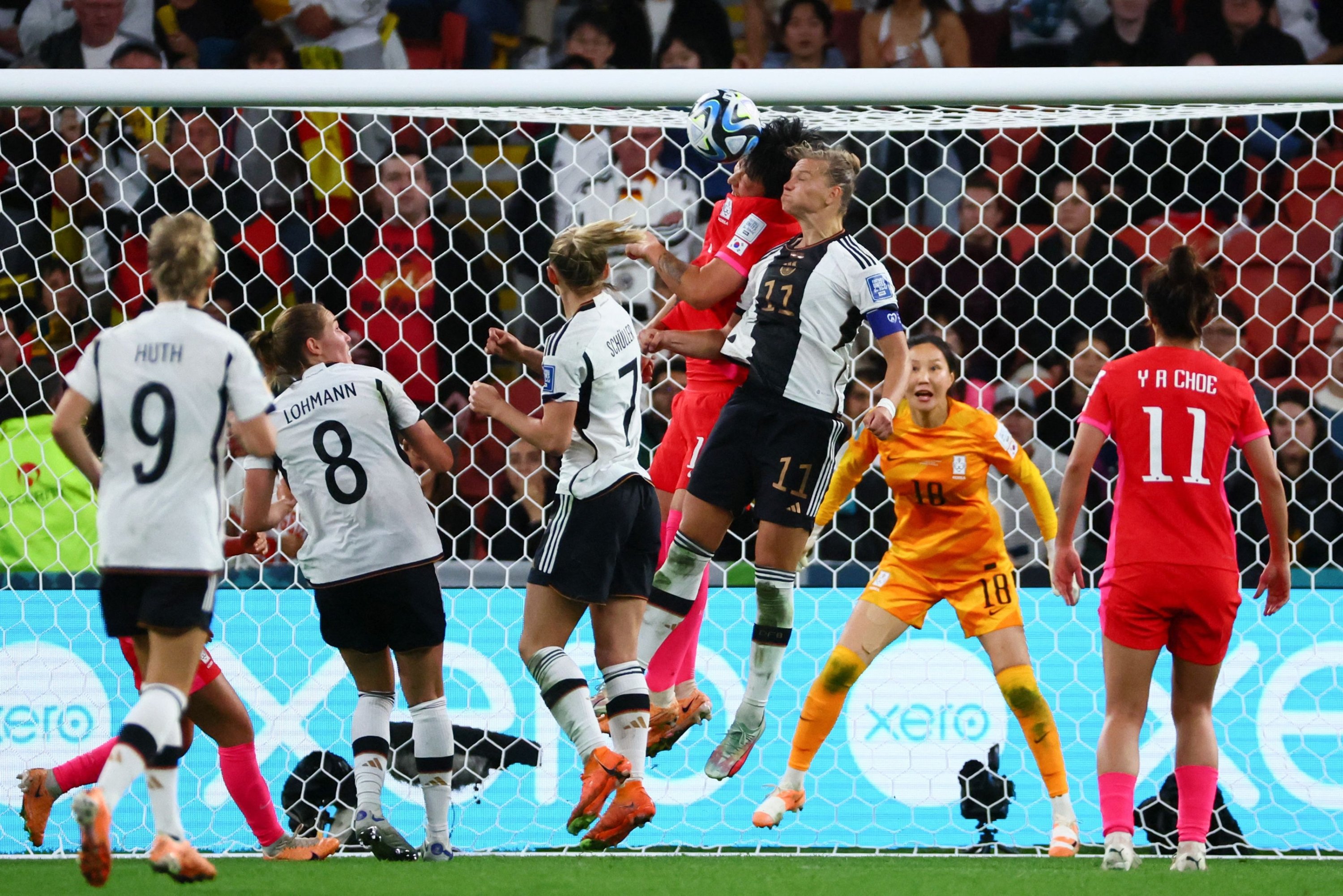 Germany's forward Alexandra Popp (3rd R) and South Korea's forward Park Eun-sun compete for the ball during the Australia and New Zealand 2023 Women's World Cup Group H football match at Brisbane Stadium, Brisbane, Australia, Aug. 3, 2023. (AFP Photo)