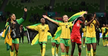 Players of Jamaica celebrate after the FIFA Women's World Cup 2023 group F match between against Brazil at Melbourne Rectangular Stadium, Melbourne, Australia, Aug. 2 2023. (EPA Photo)