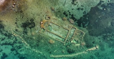 An aerial view of the underwater basilica located in Bursa's Iznik district, northwestern Türkiye, Aug. 3, 2023. (AA Photo)