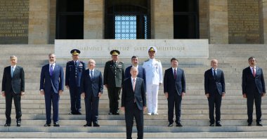 President Recep Tayyip Erdoğan, accompanied by top military commanders and Cabinet members, visits Anıtkabir ahead of the Supreme Military Council's meeting, in the capital Ankara, Türkiye, Aug. 3, 2023. (Reuters Photo)