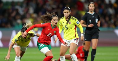 Morocco's Anissa Lahmari (2nd L) competes for the ball against Colombia's Lorena Bedoya Durango during the FIFA Women's World Cup Australia & New Zealand 2023 Group H match at Perth Rectangular Stadium, Perth, Australia, Aug. 03, 2023. (Getty Images Photo)