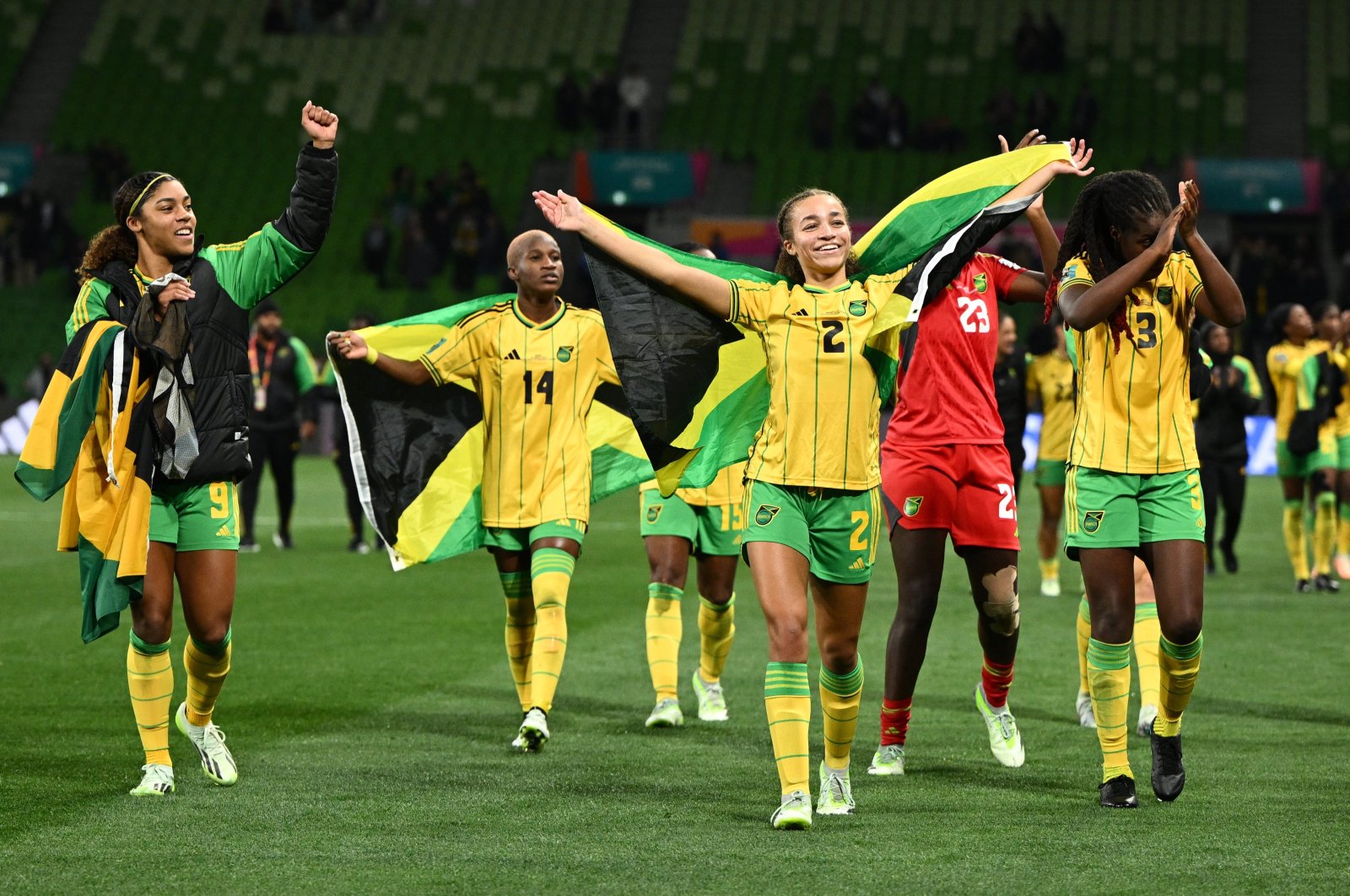 Players of Jamaica celebrate after the FIFA Women&#039;s World Cup 2023 group F match between against Brazil at Melbourne Rectangular Stadium, Melbourne, Australia, Aug. 2 2023. (EPA Photo)