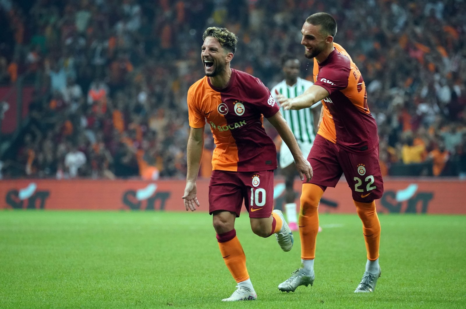 Galatasaray&#039;s Dries Mertens celebrates after scoring against Zalgiris during the UEFA Champions League qualifiers 2nd round, Istanbul, Türkiye, Aug. 2, 2023. (IHA Photo)