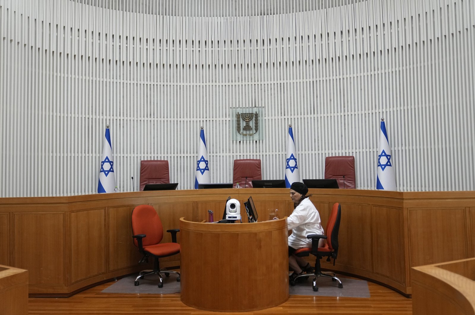The justices&#039; bench in the Supreme Court of Israel, West Jerusalem, Israel, Aug. 3, 2023. (AP Photo)