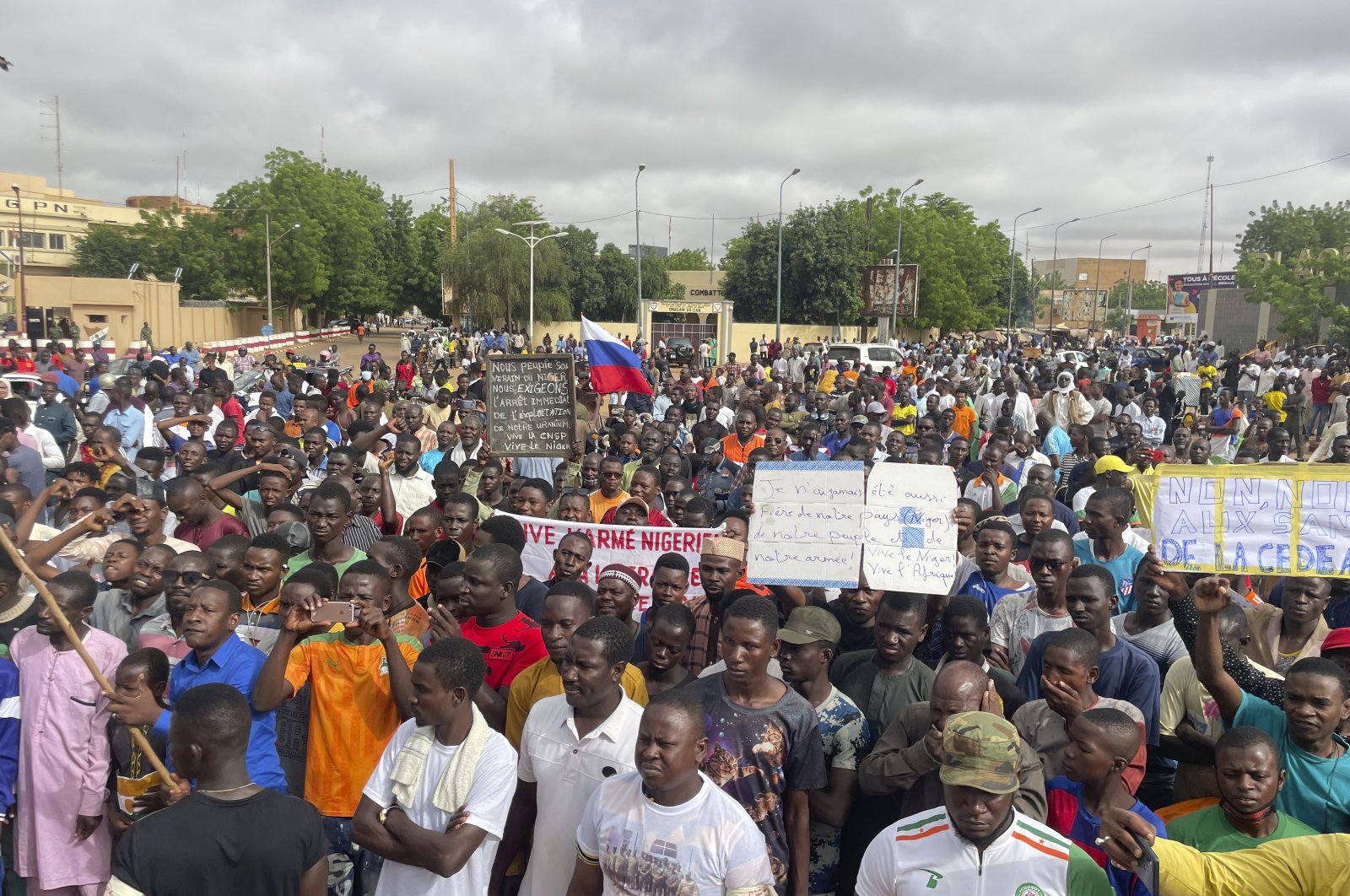 Supporters of Niger&#039;s ruling junta, gather for a protest called to fight for the country&#039;s freedom and push back against foreign interference, in Niamey, Niger, Thursday, Aug. 3, 2023. (AP Photo)