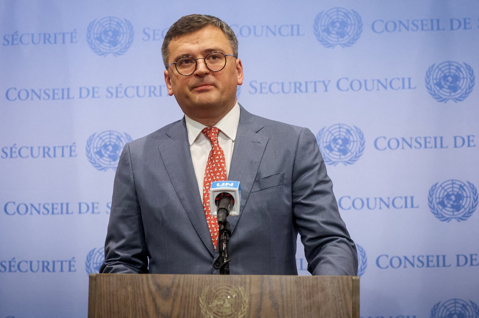 Ukrainian Minister of Foreign Affairs Dmytro Kuleba speaks to the press before arriving at a U.N. Security Council meeting on the situation in Ukraine, at the U.N. headquarters in New York City, U.S., July 17, 2023. (Reuters File Photo)