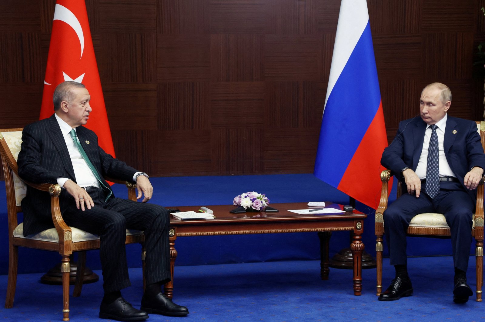 President Recep Tayyip Erdoğan and his Russian counterpart Vladimir Putin meet on the sidelines of the 6th summit of the Conference on Interaction and Confidence-building Measures in Asia (CICA), in Astana, Kazakhstan, Oct. 13, 2022. (Reuters File Photo)