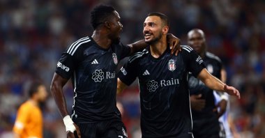 Beşiktaş players Daniel Amartey and Onur Bulut celebrate a goal against Albania's Tirana at Air Albania Stadium, Tirana, Albania, Aug. 3, 2023. (DHA Photo)