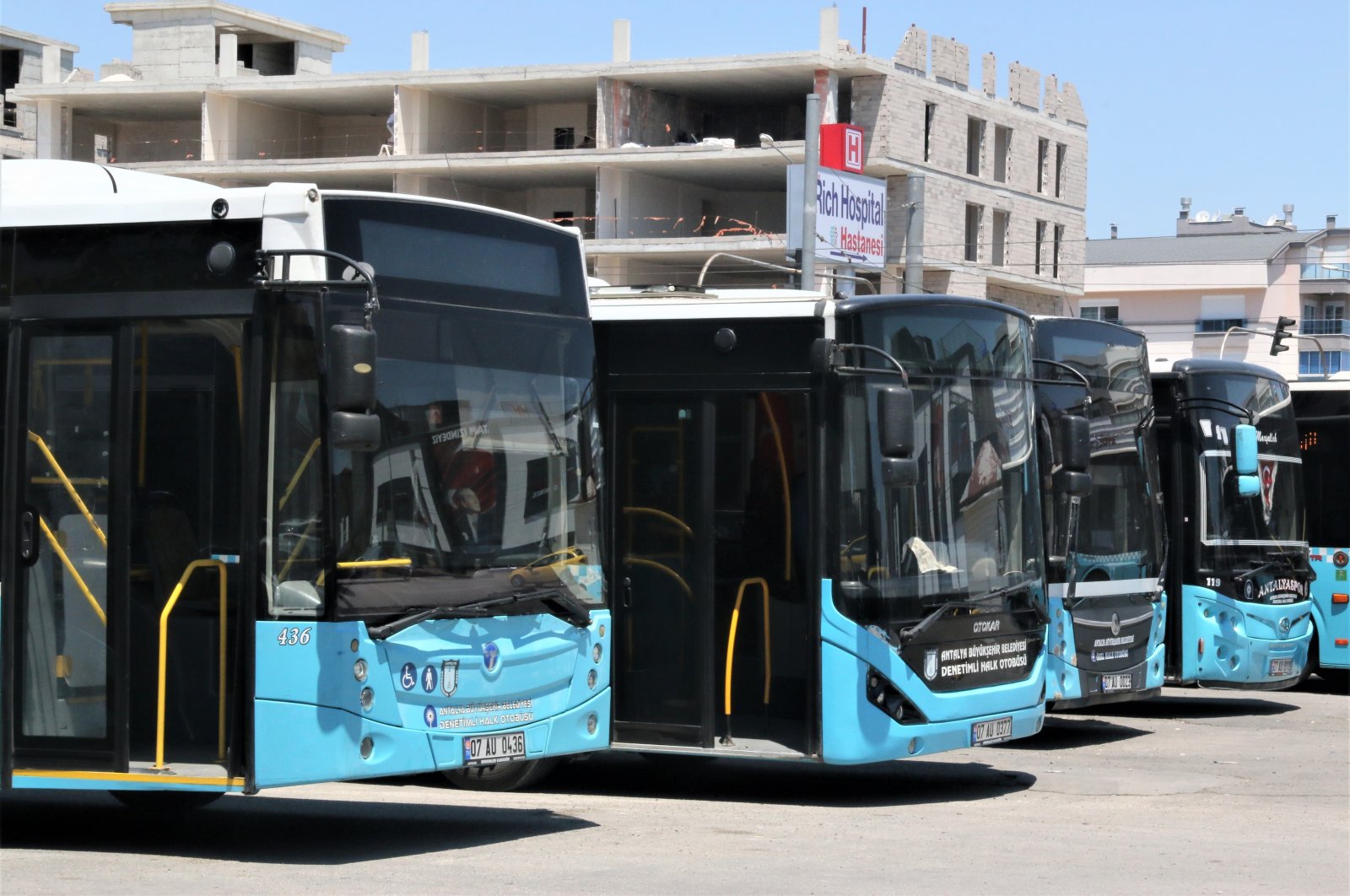 Front view of the public buses parked in Antalya, southern Türkiye, July 18, 2023. (IHA Photo)