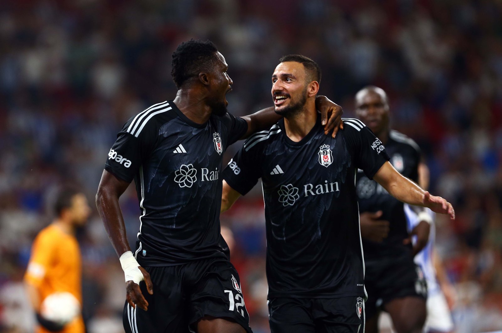 Beşiktaş players Daniel Amartey and Onur Bulut celebrate a goal against Albania&#039;s Tirana at Air Albania Stadium, Tirana, Albania, Aug. 3, 2023. (DHA Photo)