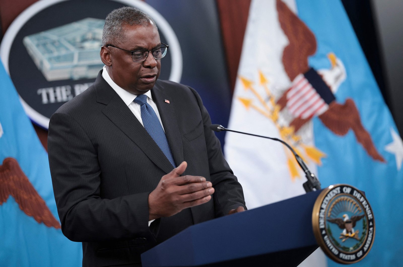 U.S. Secretary of Defense Lloyd Austin answers questions during a press briefing after participating in a virtual meeting of the Ukraine Defense Contact Group at the Pentagon in Arlington, Virginia on July 18, 2023. (AFP Photo)