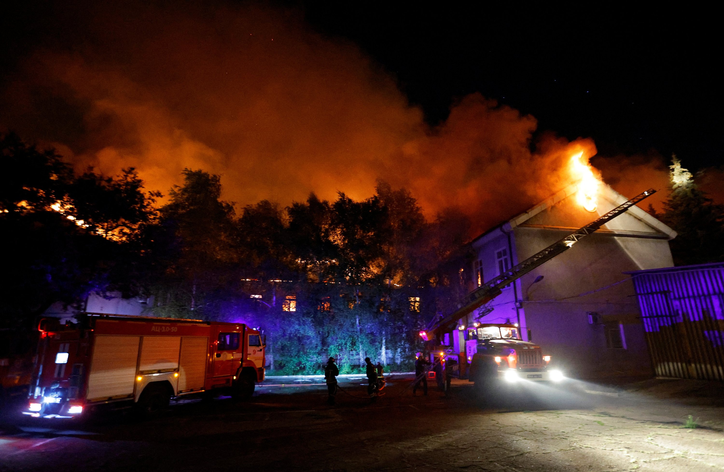 Firefighters extinguish a fire in the university building following a reported shelling in the course of Russia-Ukraine conflict, Donetsk, Ukraine, Aug. 5, 2023. (Reuters Photo)