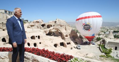 Culture and Tourism Minister Mehmet Nuri Ersoy gives statements to journalists as part of the Cappadocia Balloon and Culture Road Festival, Cappadocia region, Türkiye, Aug. 5, 2023. (AA Photo)