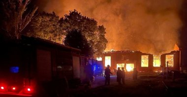 Smoke and flames rise after Ukrainian President Volodymyr Zelenskyy said a Russian-guided aerial bomb hit a blood transfusion center, in the town of Kupiansk, Kharkiv, Ukraine, Aug. 5, 2023. (Reuters Photo)