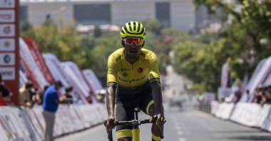 Beykoz Municipality Sports Club&#039;s Petros Mengs crosses the 100th Republic Anniversary Cycling Tour finish line, Ankara, Türkiye, Aug. 5, 2023. (AA Photo)
