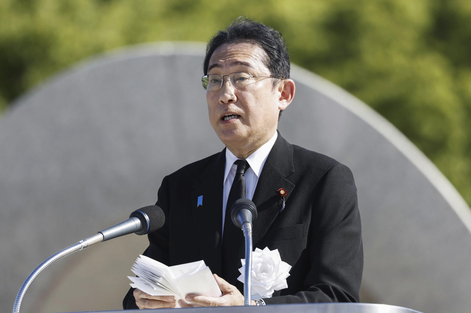 Japanese Prime Minister Fumio Kishida delivers a speech during a ceremony marking the 78th anniversary of the world&#039;s first atomic bombing, at the Hiroshima Peace Memorial Park, Hiroshima, Japan, Aug. 6, 2023. (AP Photo)