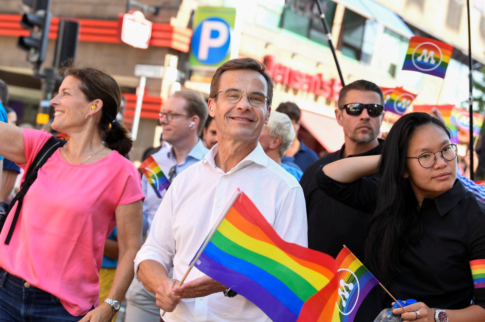 Swedish PM Ulf Kristersson attends the Stockholm Pride Parade where PKK terrorist sympathizers staged the stunt, Stockholm, Sweden, Aug. 5, 2023. (Reuters Photo)