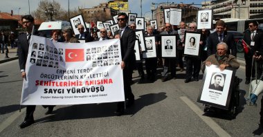 Retired members of the Turkish Foreign Ministry and families of martyrs killed in terror attacks by Armenian terrorist group ASALA hold a march of honor of ASALA victims in the capital Ankara, Türkiye, April 25, 2015. (Sabah Photo)