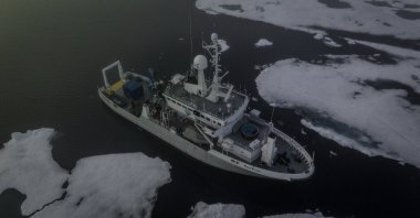 Aerial view of the PolarXplorer vessel the team sailed on during the scientific research, the Arctic, Aug. 7, 2023. (AA Photo)