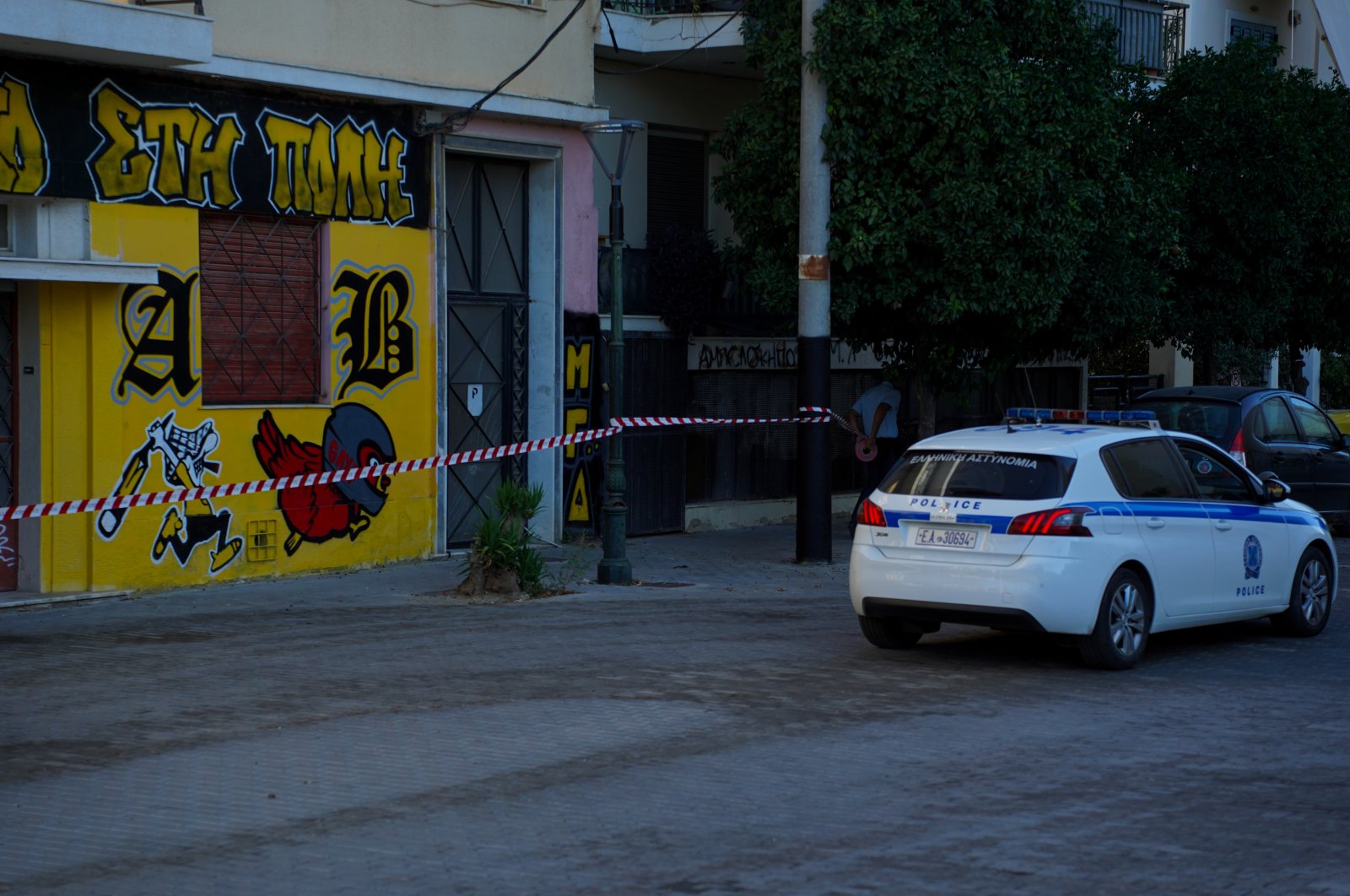 A police car the spot where clashes between aek and Dinamo Zagreb hooligans with the result the the death of a 22 year-old AEK fan took place outside of the AEK stadium, Athens, Greece, Aug. 7, 2023. (Getty Images Photo)
