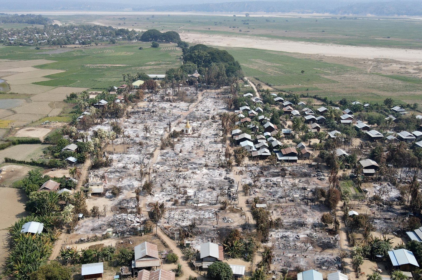 An aerial view of Bin village of the Mingin Township after villagers say it was set ablaze by the military, Sagaing region, Myanmar, Feb. 3, 2022. (Reuters Photo)
