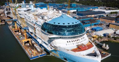 An aerial view of the construction site of the Royal Caribbean's new ship "Icon of the Seas" at the Turku shipyard, southwest Finland, May 30, 2023. (AFP Photo)