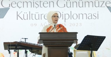 First Lady Emine Erdoğan addresses women ambassadors and wives of ambassadors on the sidelines of the 14th Ambassadors Conference in Ankara, Türkiye, Aug. 9, 2023. (AA Photo)