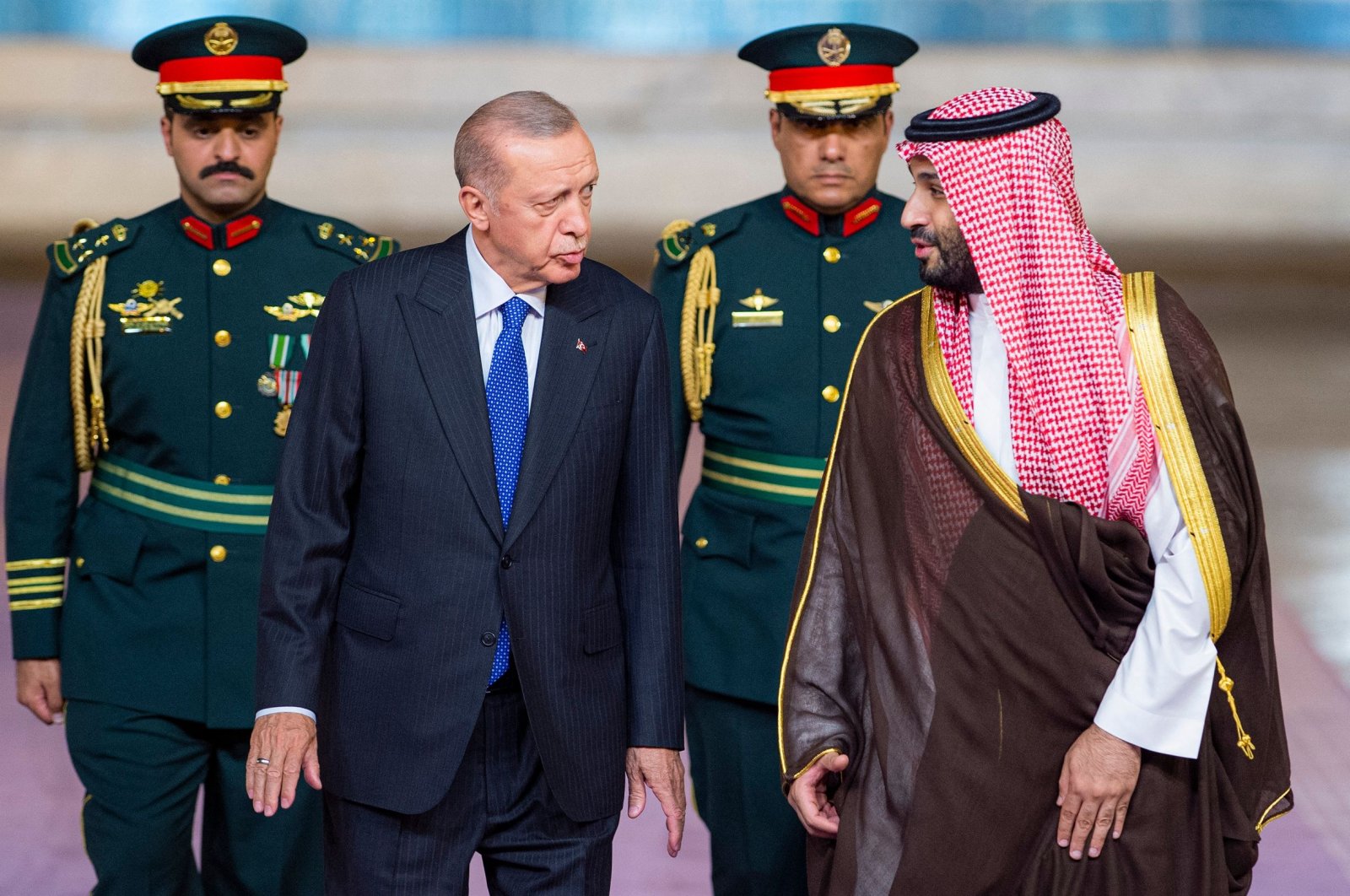 President Recep Tayyip Erdoğan is welcomed by Saudi Arabia&#039;s Crown Prince Mohammed bin Salaman in Jeddah, Saudi Arabia, July 17, 2023. (AFP Photo)
