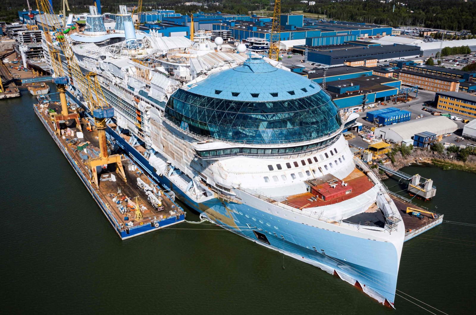 An aerial view of the construction site of the Royal Caribbean&#039;s new ship &quot;Icon of the Seas&quot; at the Turku shipyard, southwest Finland, May 30, 2023. (AFP Photo)