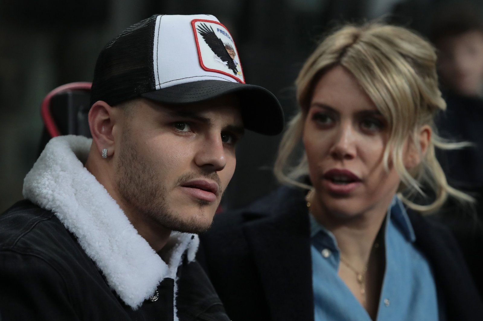 Mauro Icardi (L) and his wife Wanda Nara attend the UEFA Europa League Round of 32 Second Leg match between Inter Milan and SK Rapid Wien at San Siro, Milan, Italy, Feb. 21, 2019.  (Getty Images Photo)