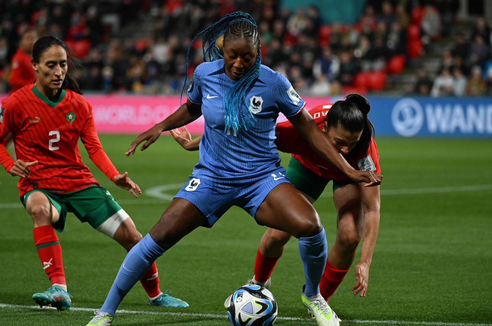 France&#039;s Kadidiatou Diani is challenged during the Women&#039;s World Cup round of 16 match against Morocco at Hindmarsh Stadium, Adelaide, Australia, Aug. 8, 2023. (AFP Photo)